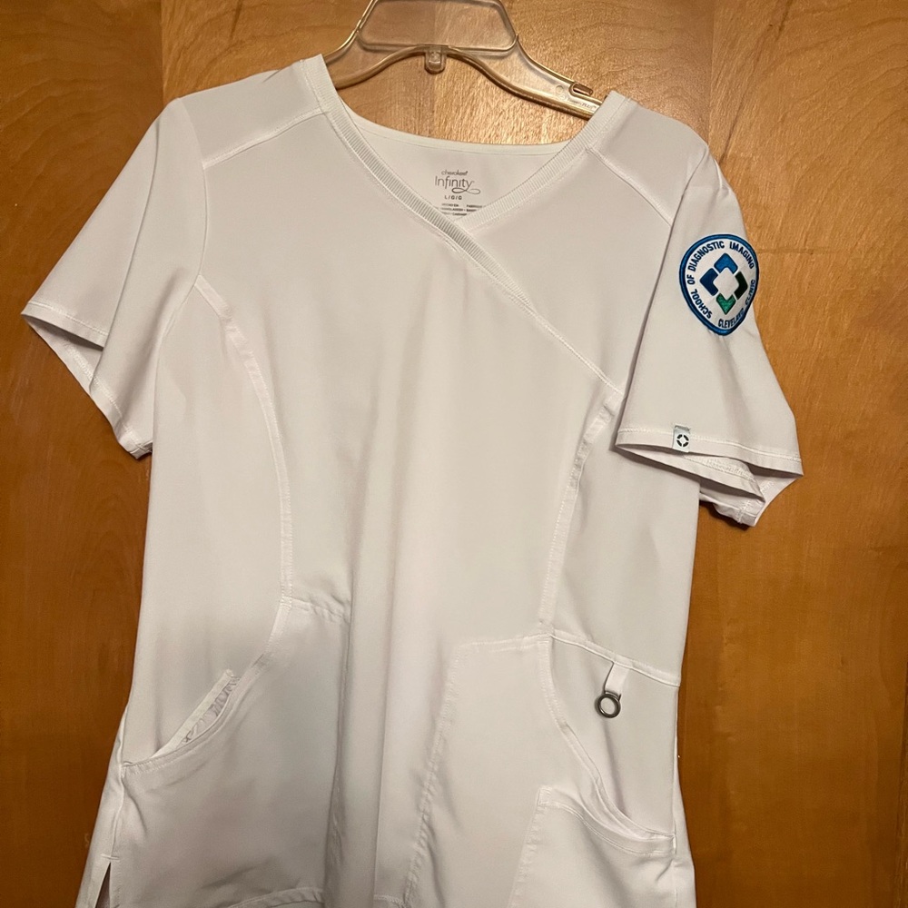 White V-Neck Scrub Top with Sleeve Patch